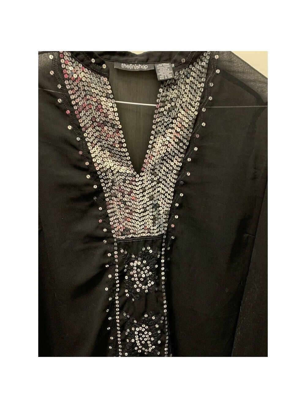 The In Shop Womens Black Top- Xl-Sleeve Sequined Blouse - Picture 2 of 6